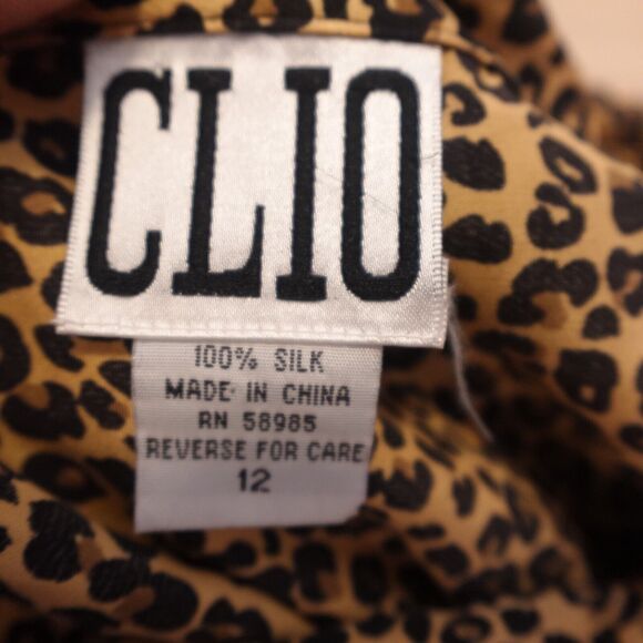 Clio Women 12 Blouse Silk Button Front Cheetah Animal Print Long Sleeve - Picture 4 of 7